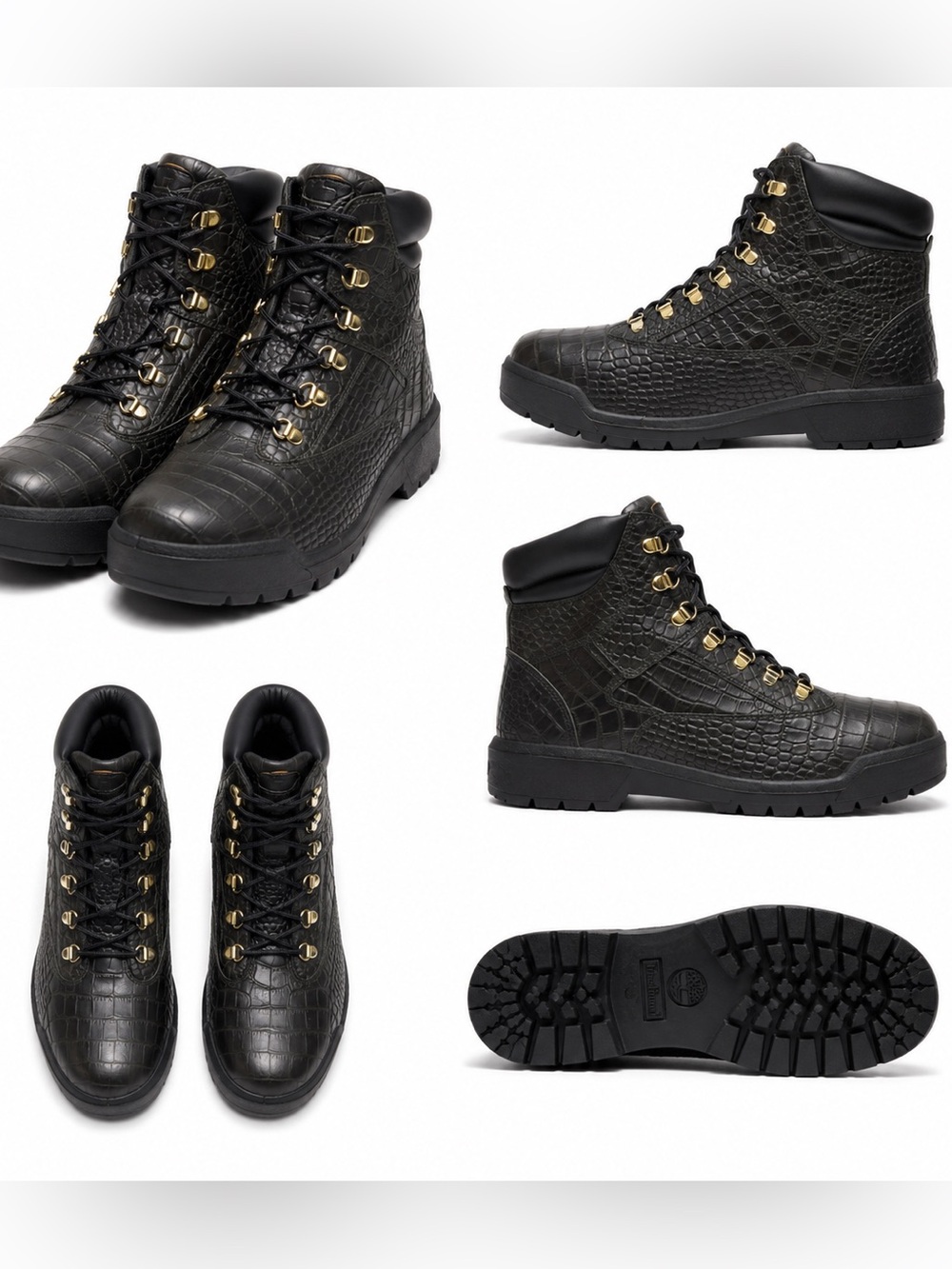Timberland Black Croc-Embossed Lace-Up Boots with Gold Hardware
